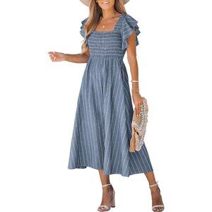 Women's Summer Striped Smocked Ruffle Sleeve A Line Maxi Dress